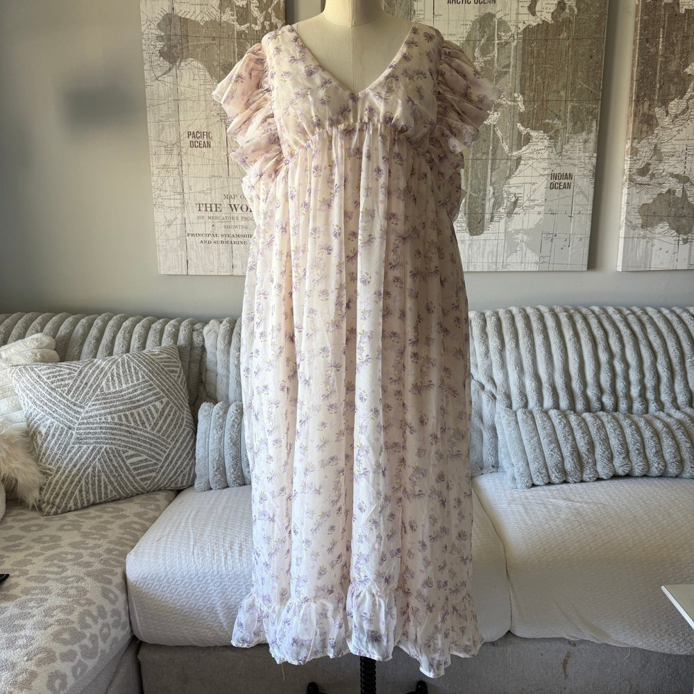 Arula Pink Multi Floral Empire Waist Ruffle Sleeve Maxi Dress Plus Size B 2X NEW